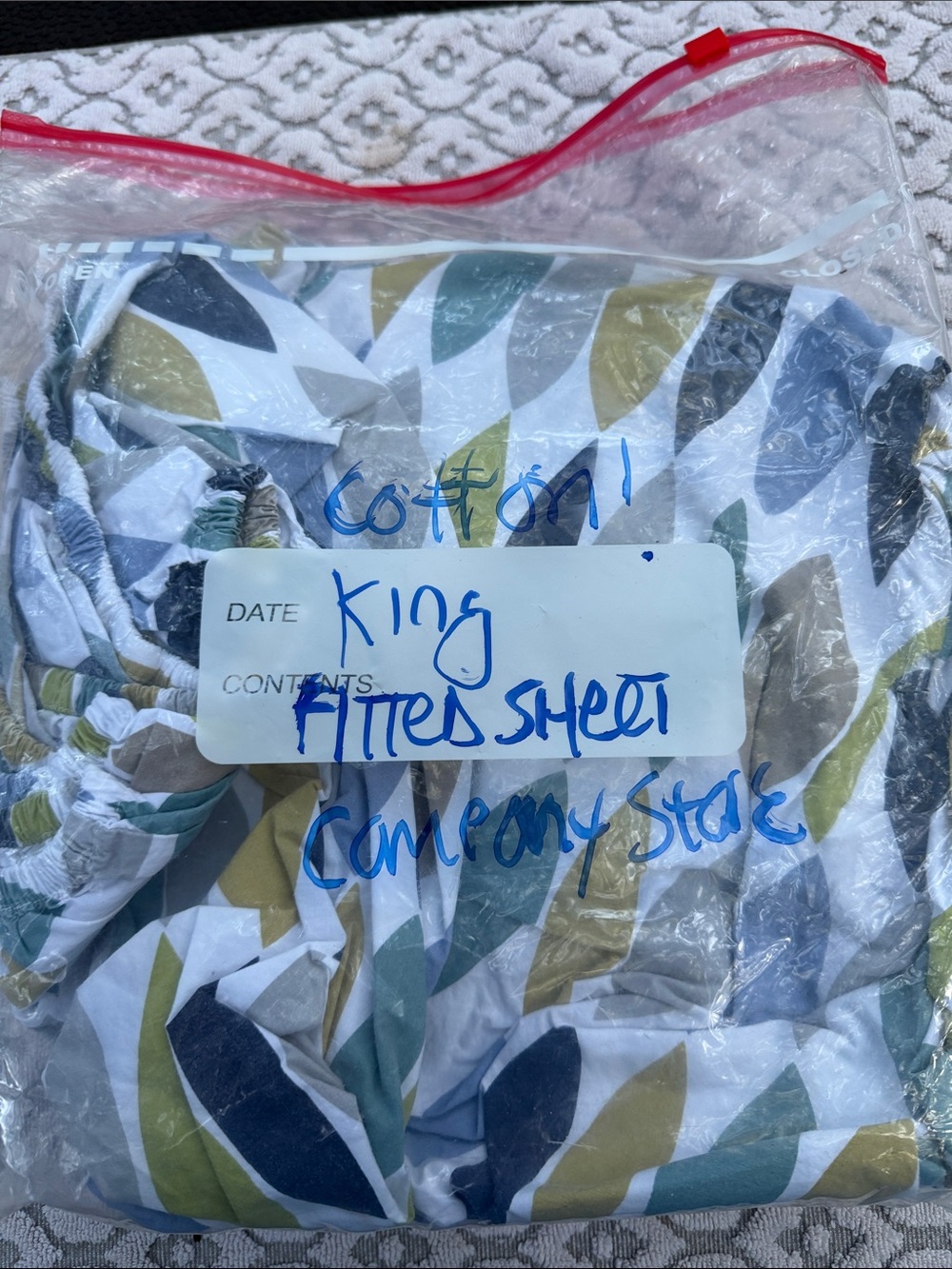 The Company Store Leaf Pattern Fitted Sheet in White, Green, Blue, Tan king size